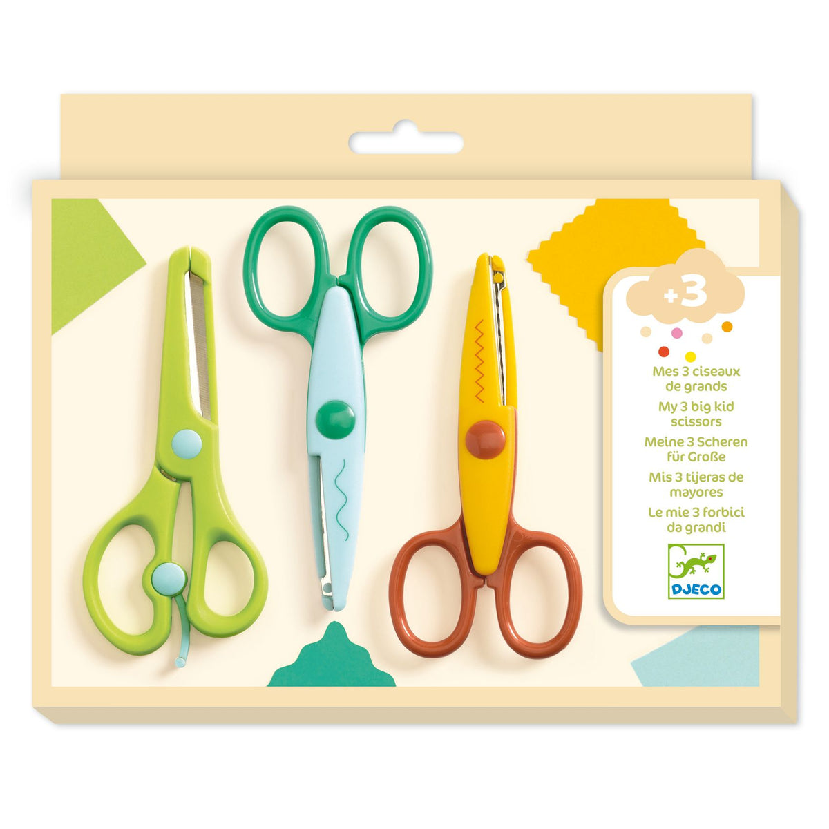 Boîte du coffret Mes 3 ciseaux de grands Djeco pour enfants dès 3 ans comprenant trois ciseaux aux découpes variées.