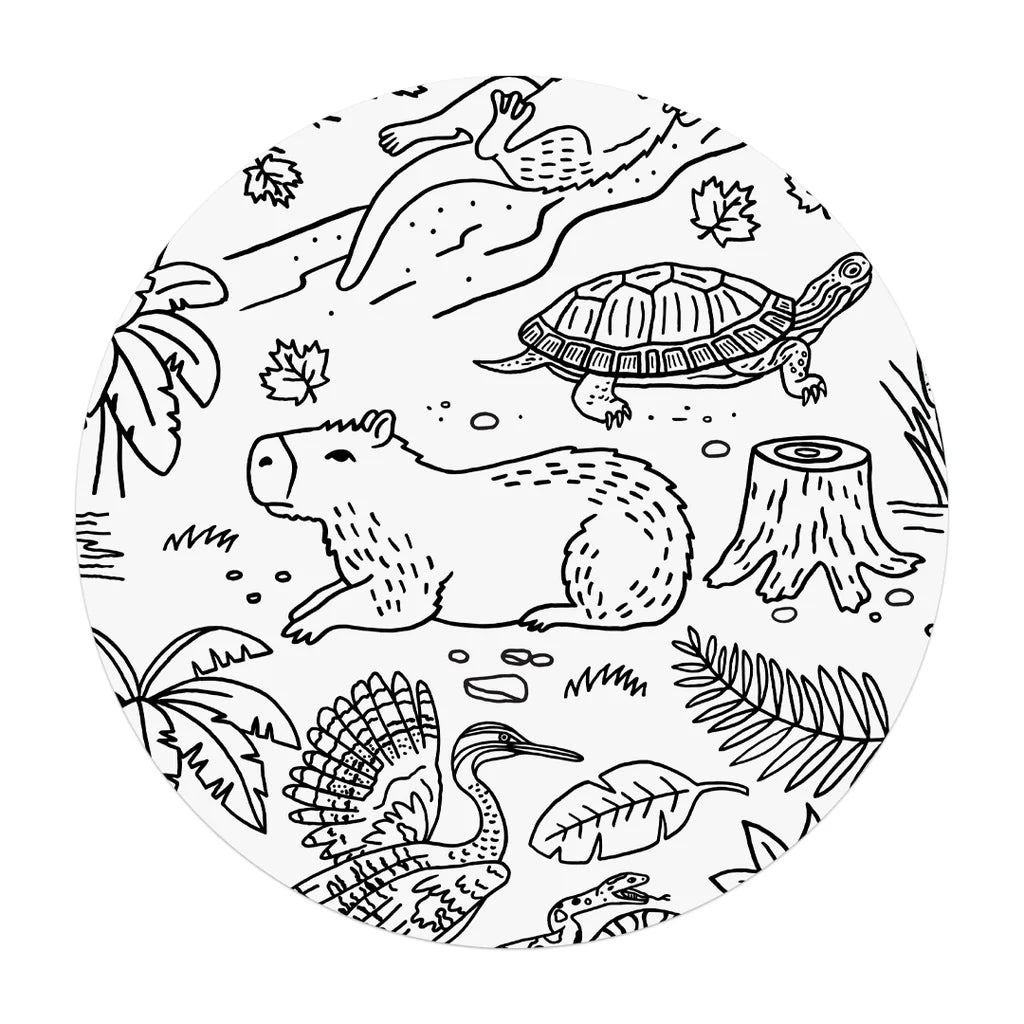 Gros plan sur les dessins à colorier d'un capybara, d'une tortue et d'un héron sur l'affiche Paperole.