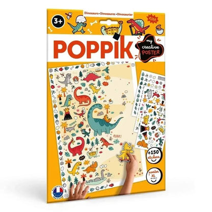 Pochette de l'affiche géante avec autocollants Poppik thème dinosaures comprenant un poster XL et plus de 150 stickers pour enfants dès 3 ans.