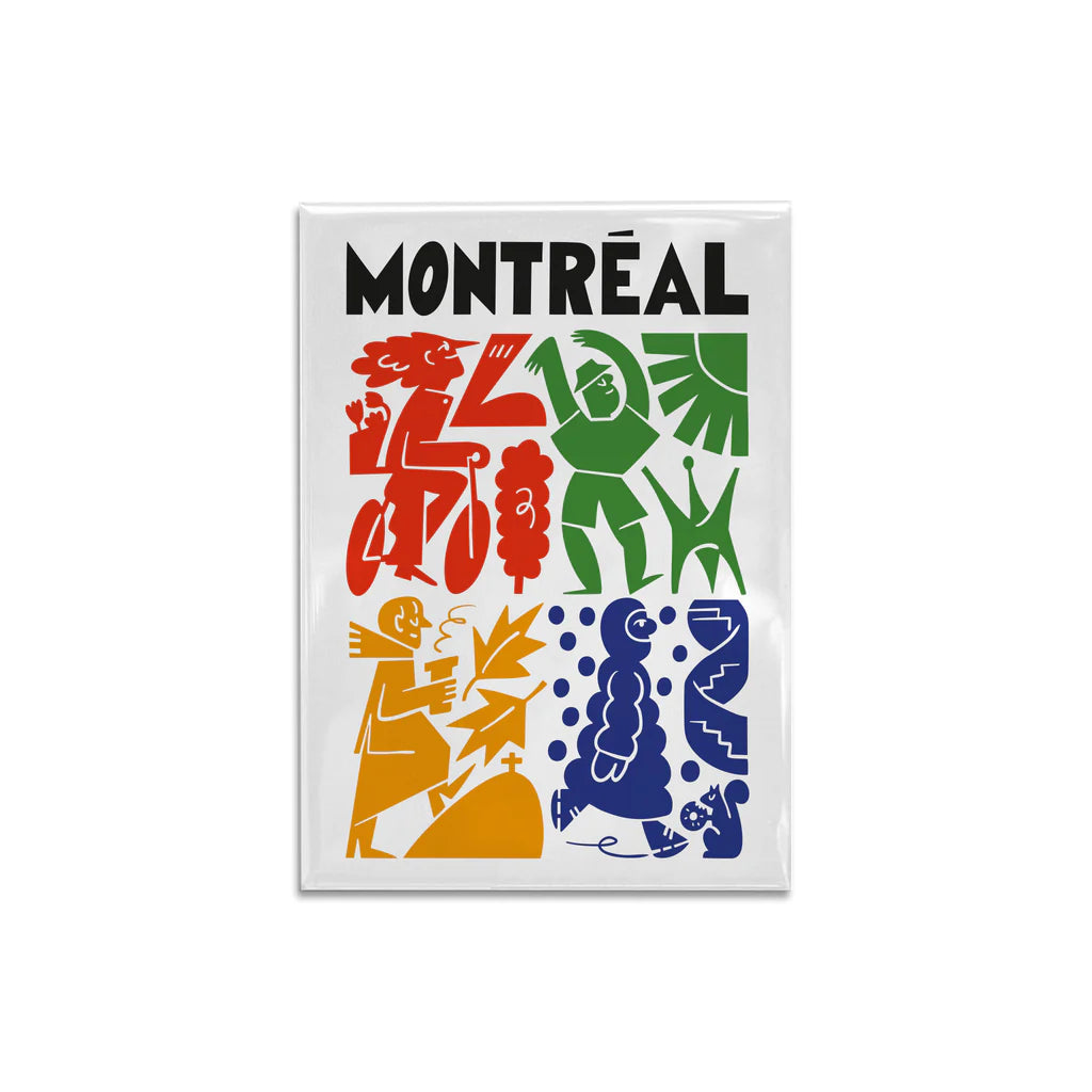 Aimant illustré Tempo Montréal par Paperole représentant les quatre saisons avec le mot Montréal inscrit en noir et des dessins colorés de cycliste, de neige et de feuilles d'automne.