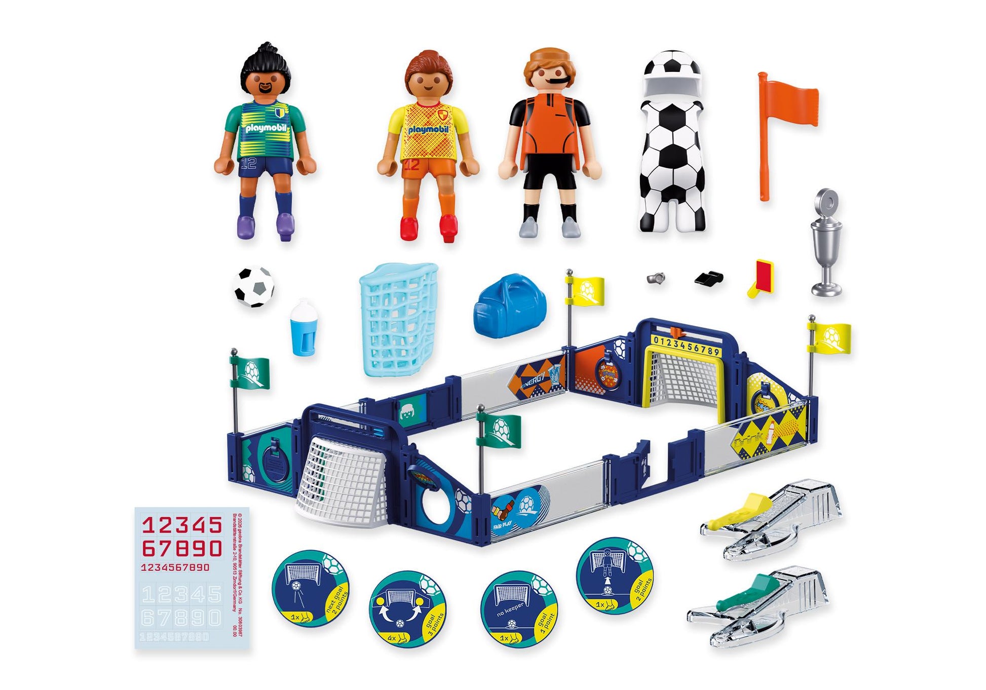 Ensemble complet Playmobil 72056 comprenant le terrain de soccer, 3 figurines, des buts, cartes de jeu et accessoires