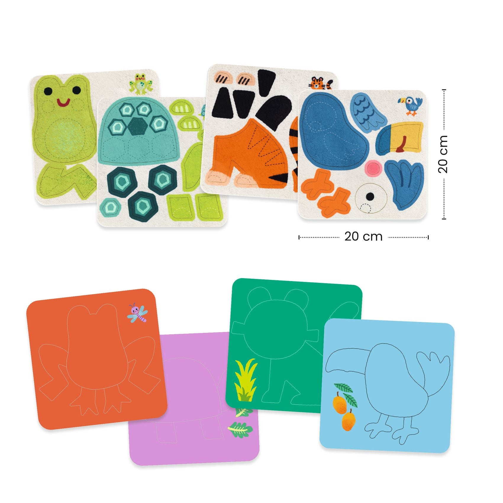 Le matériel inclus comprenant 4 planches d'autocollants en feutrine de 20 cm par 20 cm et leurs 4 fonds de tableaux silhouette associés.