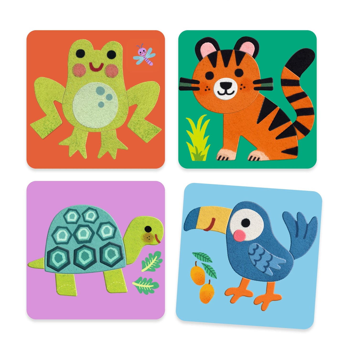 Les quatre tableaux d'animaux terminés en feutrine douce : une grenouille verte, un tigre orange, une tortue et un toucan bleu.