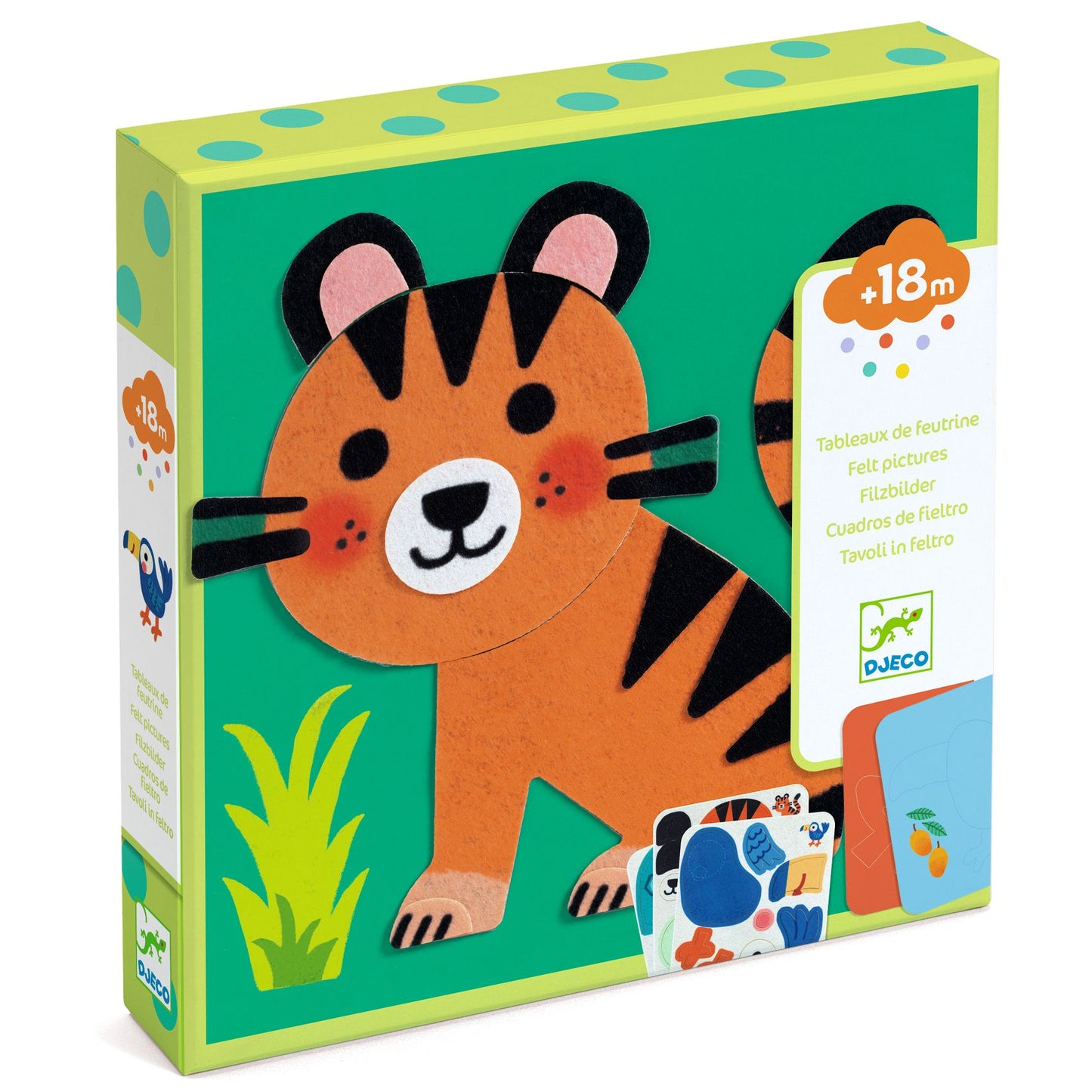 Boîte du kit créatif Tableaux de feutrine Animaux doux de Djeco pour les tout-petits dès 18 mois, illustrée d'un petit tigre.