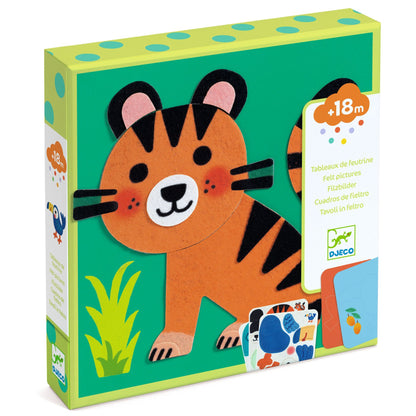 Boîte du kit créatif Tableaux de feutrine Animaux doux de Djeco pour les tout-petits dès 18 mois, illustrée d'un petit tigre.