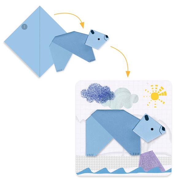 Exemple de pliage étape par étape pour créer un ours polaire bleu en origami avec le coffret Djeco