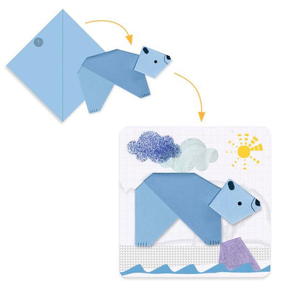 Exemple de pliage étape par étape pour créer un ours polaire bleu en origami avec le coffret Djeco