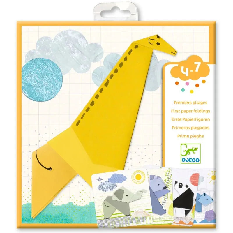 Boîte du coffret d'origami Premiers pliages 1-2-3 plie de Djeco pour les enfants de 4 à 7 ans, illustrée d'une girafe jaune.