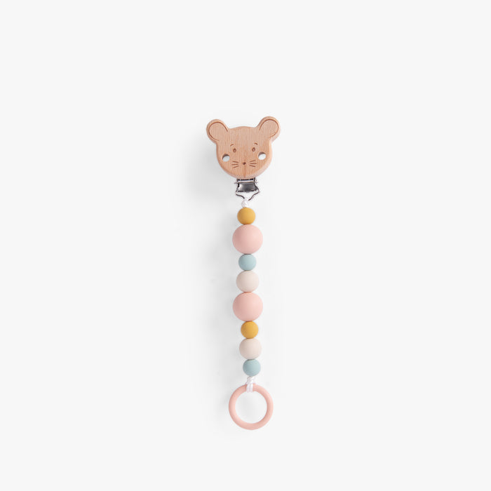 Attache-tétine en bois et silicone Moulin Roty avec clip tête de souris et perles pastel, collection La Petite École de Danse.