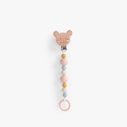Attache-tétine en bois et silicone Moulin Roty avec clip tête de souris et perles pastel, collection La Petite École de Danse.