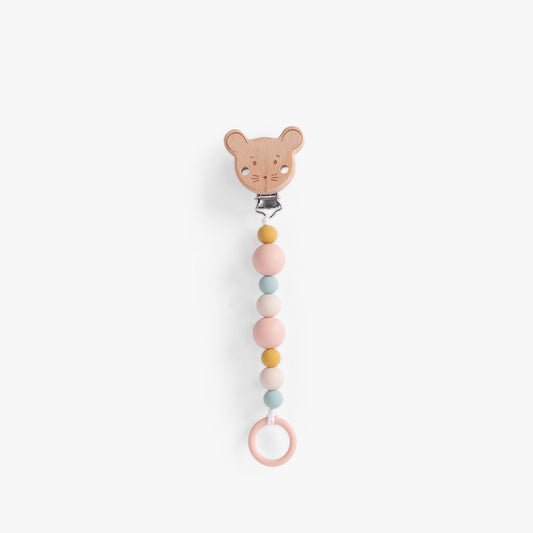 Attache-tétine en bois et silicone Moulin Roty avec clip tête de souris et perles pastel, collection La Petite École de Danse.