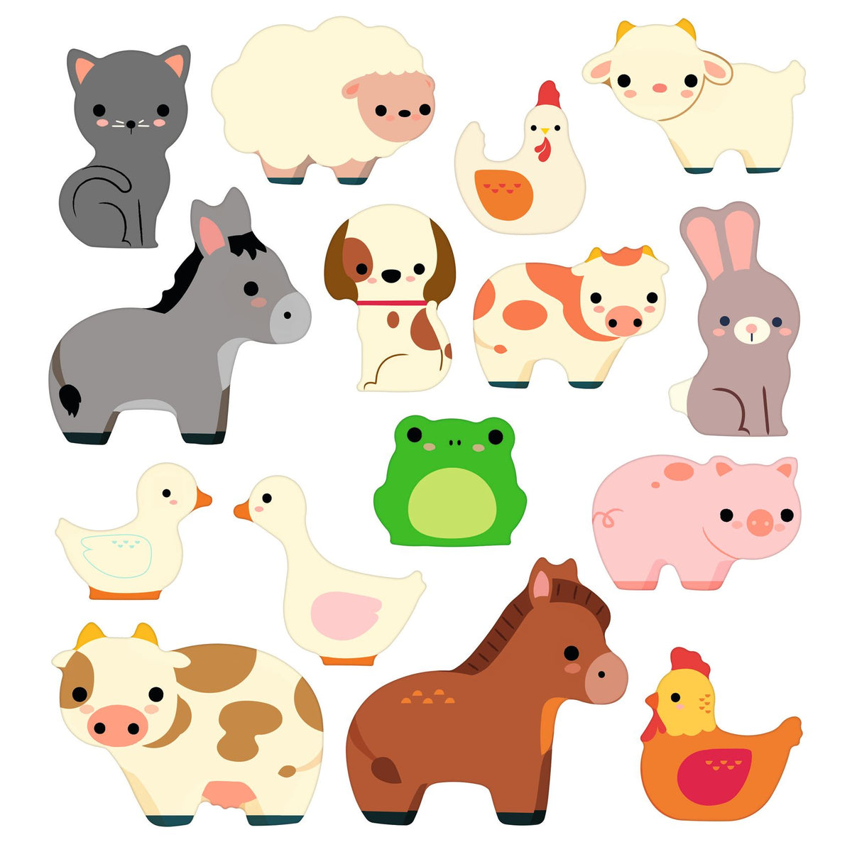Planche de stikers repositionnables Djeco représentant divers animaux de la ferme comme la vache, le cheval, le cochon et le chat.