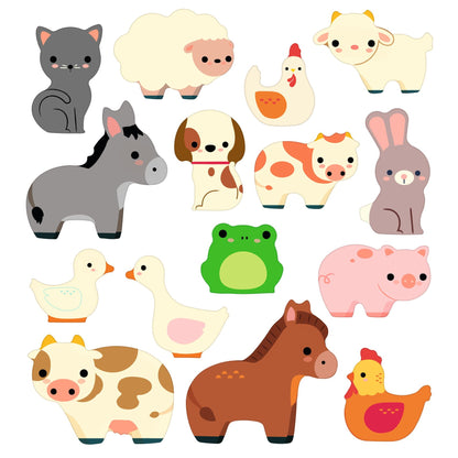 Planche de stikers repositionnables Djeco représentant divers animaux de la ferme comme la vache, le cheval, le cochon et le chat.