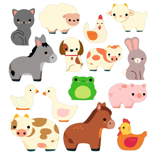 Planche de stikers repositionnables Djeco représentant divers animaux de la ferme comme la vache, le cheval, le cochon et le chat.