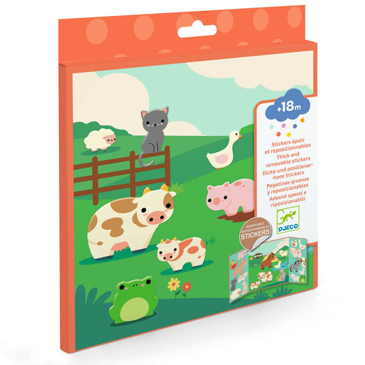 Pochette d'autocollants épais et repositionnables Animaux de la Ferme Djeco dès 18 mois avec décor champêtre.