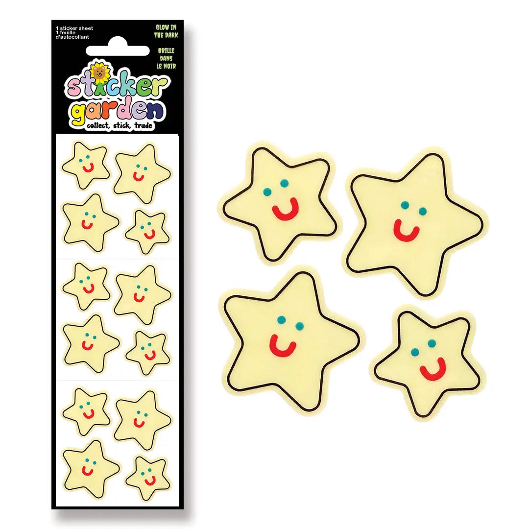 Planche d'autocollants phosphorescents My Sticker Garden avec des étoiles souriantes phosphorescentes.