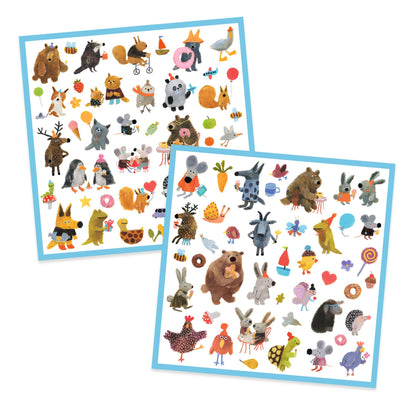 Deux planches remplies d'autocollants d'animaux mignons et poétiques (ours, pingouins, souris) de la collection Fluffy Friends.