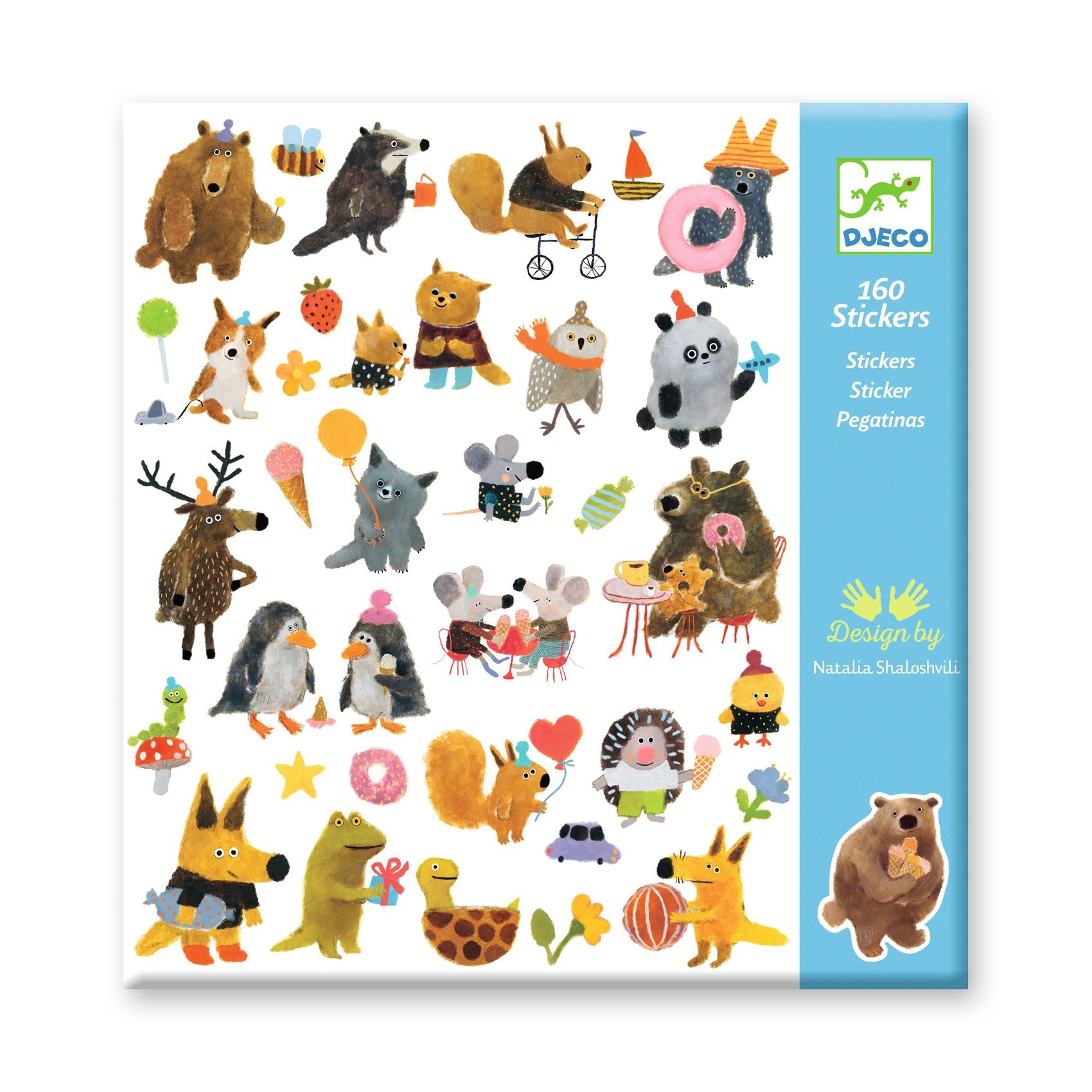 Pochette bleue contenant 160 stickers Fluffy Friends de Djeco aux douces illustrations d'animaux créées par Natalia Shaloshvili.