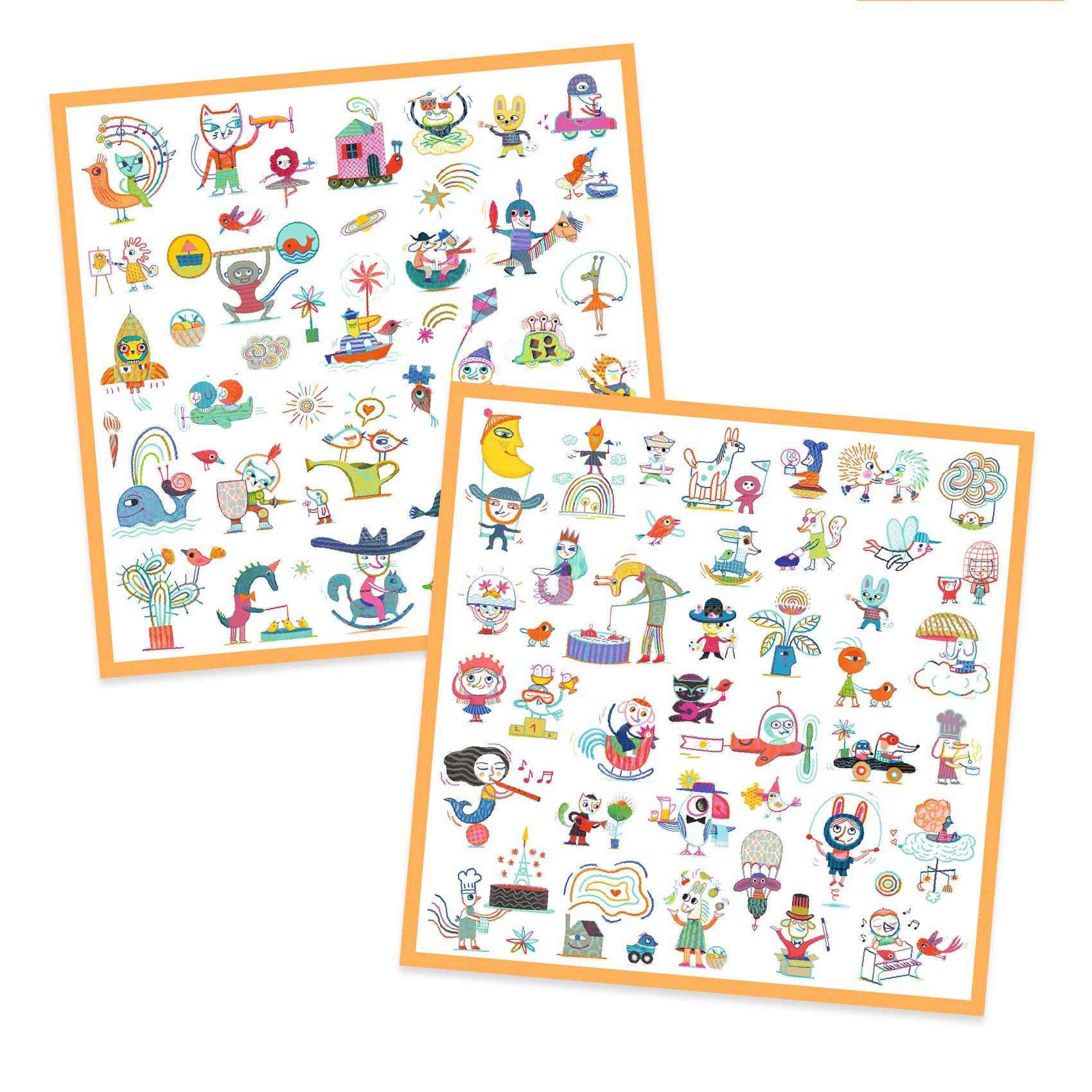 Deux planches remplies de stickers amusants représentant des animaux rigolos, des personnages fantastiques et des motifs poétiques.