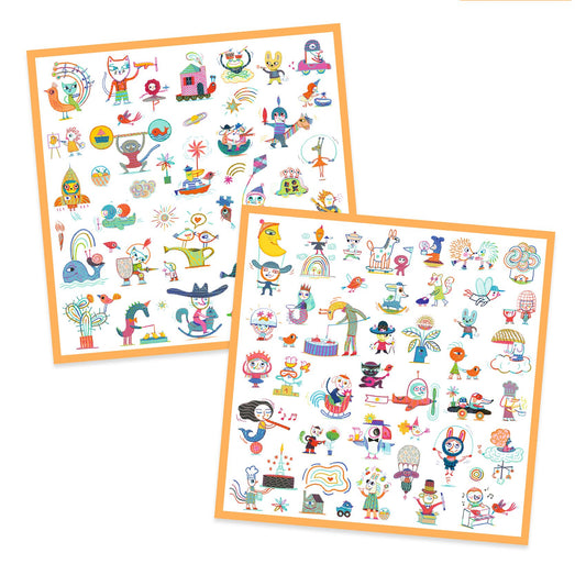 Deux planches remplies de stickers amusants représentant des animaux rigolos, des personnages fantastiques et des motifs poétiques.