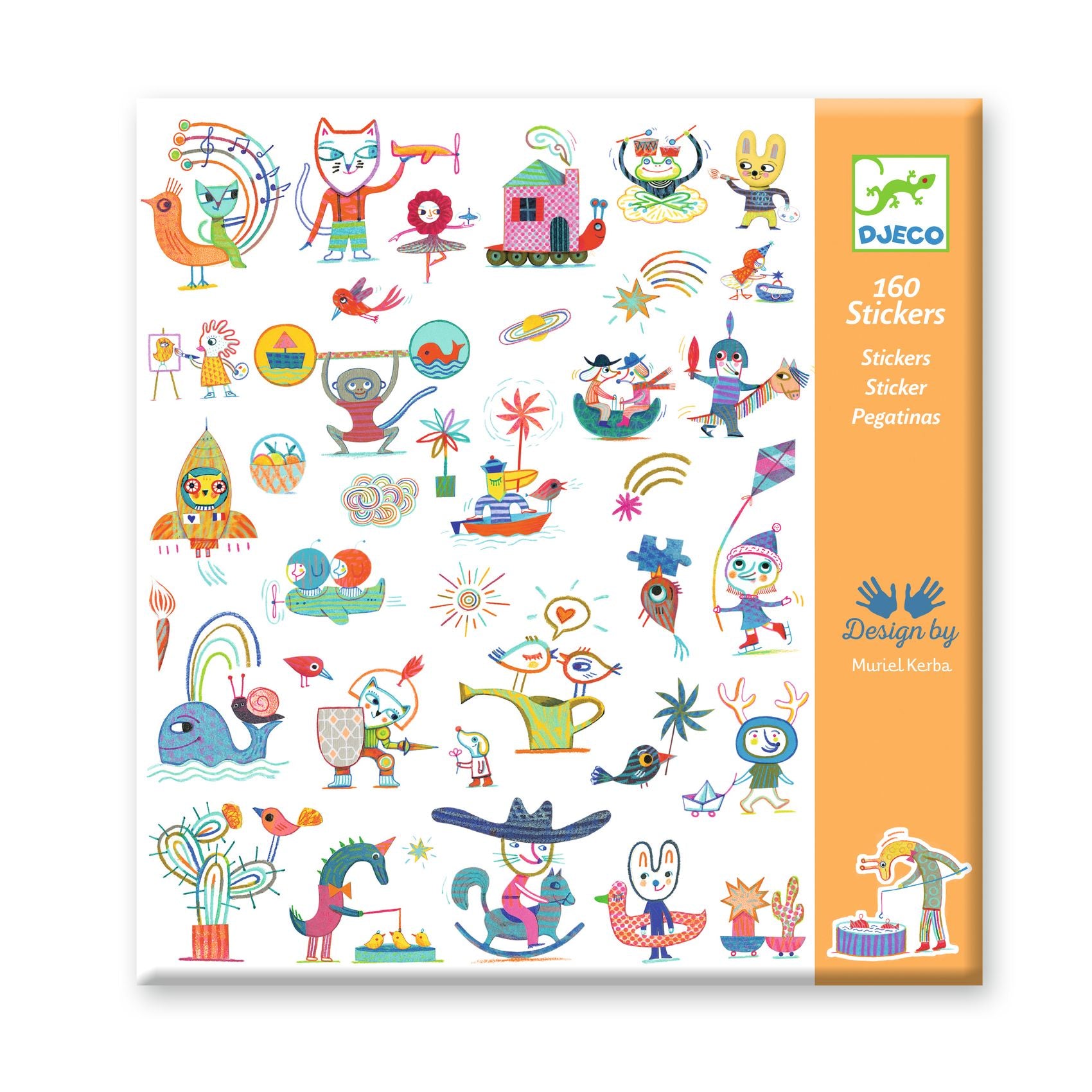 Pochette orange contenant 160 stickers Gazette de Djeco aux illustrations colorées et originales créées par Muriel Kerba.