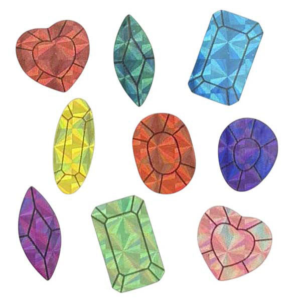 Gros plan sur la planche d'autocollants en forme de pierres précieuses brillantes aux couleurs variées.