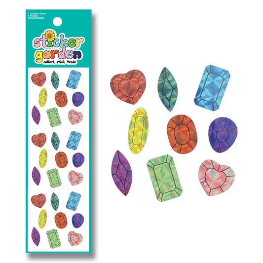 Feuille d'autocollants brillant de gemmes multicolores My Sticker Garden à côté d'un aperçu des motifs sur fond blanc.