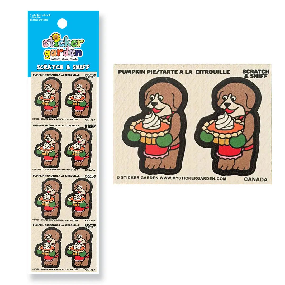 Planche d'autocollants odorants "Grattez et sentez" My Sticker Garden au parfum de tarte à la citrouille, illustrant des chiens tenant une tarte.