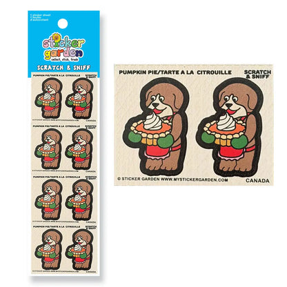 Planche d'autocollants odorants "Grattez et sentez" My Sticker Garden au parfum de tarte à la citrouille, illustrant des chiens tenant une tarte.