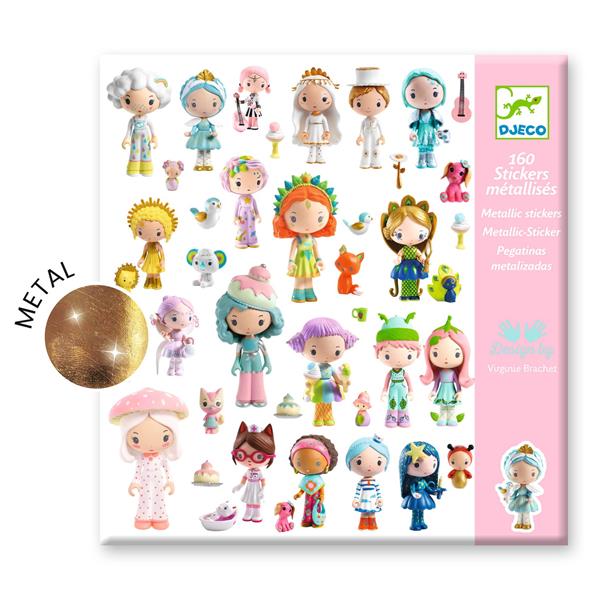 Pochette de 160 stickers métallisés Tinyly par Virginie Brachet pour Djeco montrant de petites figurines colorées.