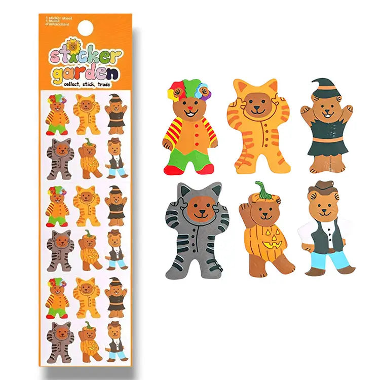 Planche d'autocollants My Sticker Garden représentant des oursons déguisés pour Halloween (citrouille, sorcière, clown, cowboy) sur fond blanc.