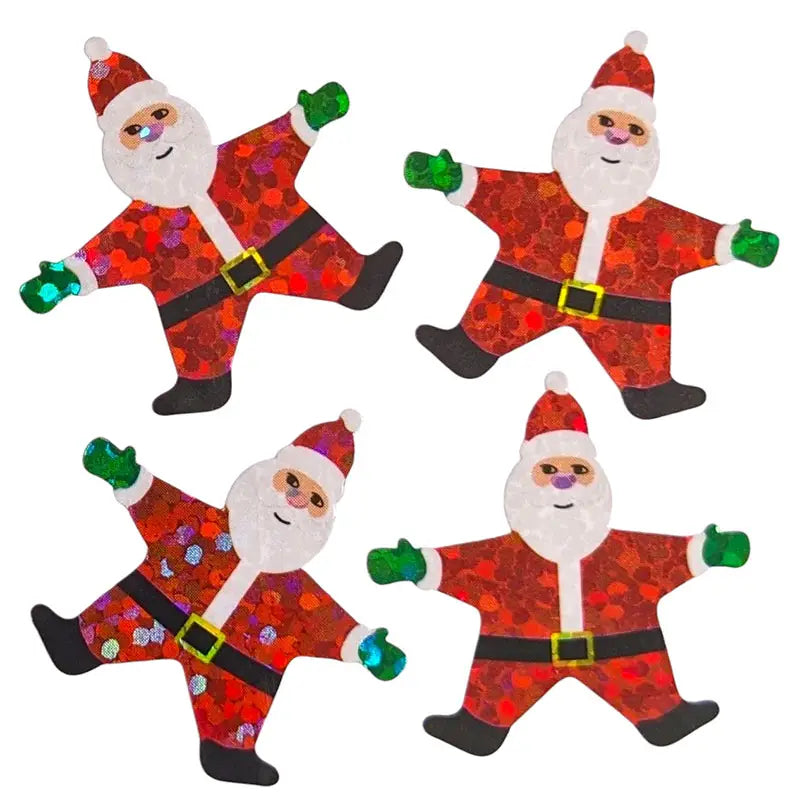 Gros plan sur les autocollants brillants et scintillants en forme de Père Noël souriants avec manteau rouge et gants verts.