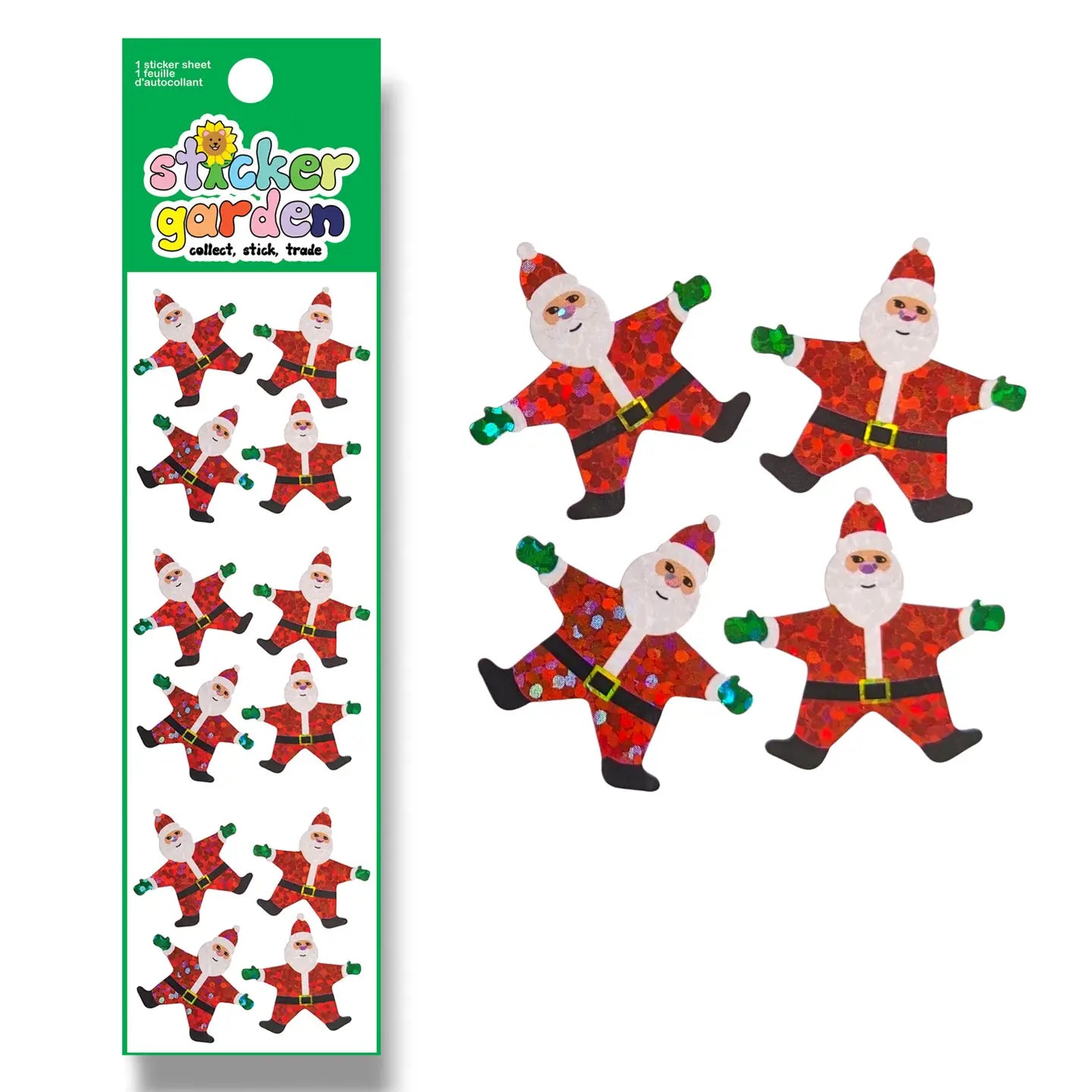 Planche d'autocollants brillants My Sticker Garden représentant des Père Noël en forme d'étoile avec gants verts sur fond blanc.
