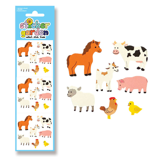 Planche d'autocollants rétro animaux de la ferme Sticker Garden avec cheval, vache, cochon et mouton.