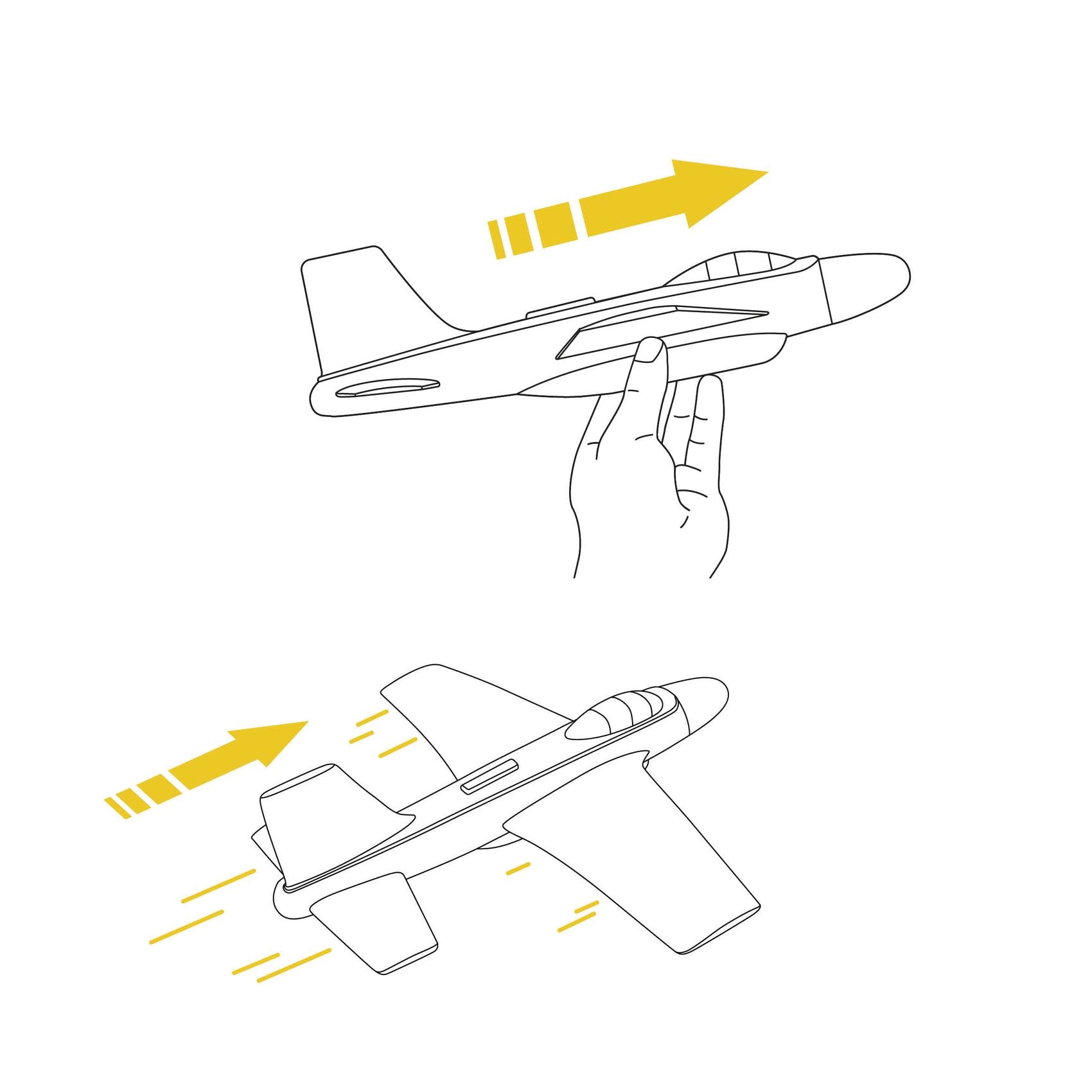 Schéma explicatif en noir et blanc montrant comment tenir et lancer l'avion planeur Djeco pour le faire voler.