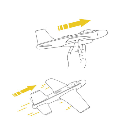 Schéma explicatif en noir et blanc montrant comment tenir et lancer l'avion planeur Djeco pour le faire voler.