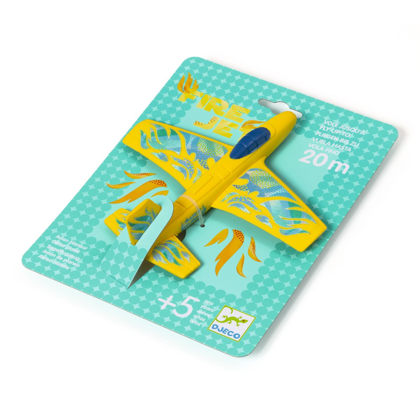 Avion planeur Fire Jet de Djeco jaune en mousse dans son emballage turquoise, pour enfants de 5 ans et plus.