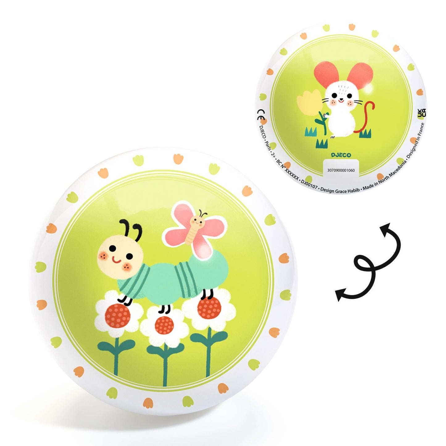 Les deux faces du ballon Lovely Bugs montrant l'illustration de la souris et celle d'une chenille verte avec un papillon rose sur des fleurs.