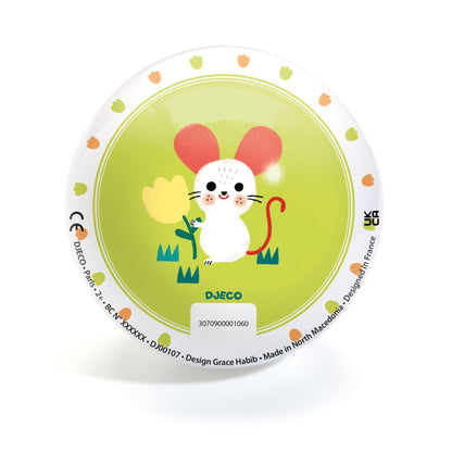 Ballon illustré Lovely Bugs de Djeco avec une petite souris blanche aux grandes oreilles roses tenant une fleur jaune.