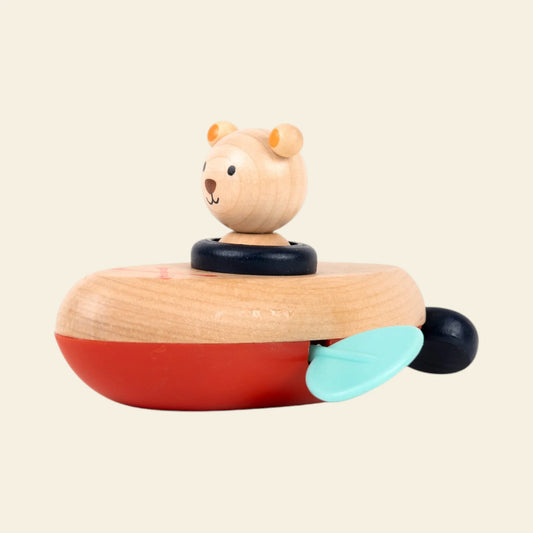 MARCEL THE BEAR CLOCKWORK BOAT WOODEN BATH TOY
