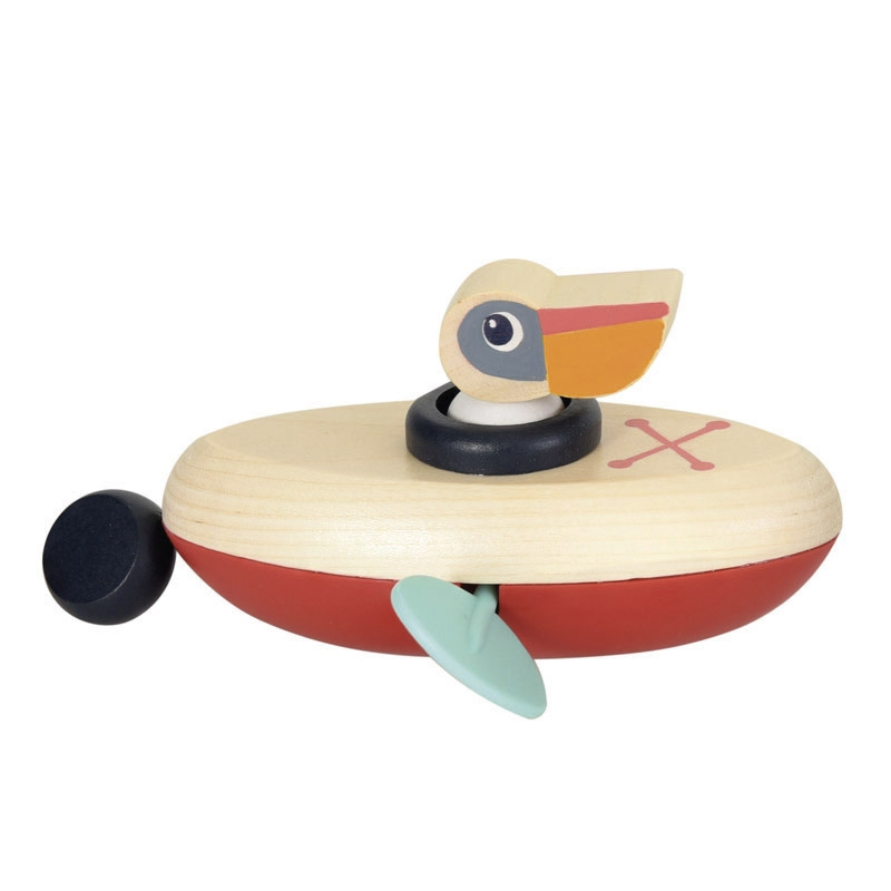 BATEAU À REMONTOIR EN BOIS AVEC PÉLICAN POUR LE BAIN