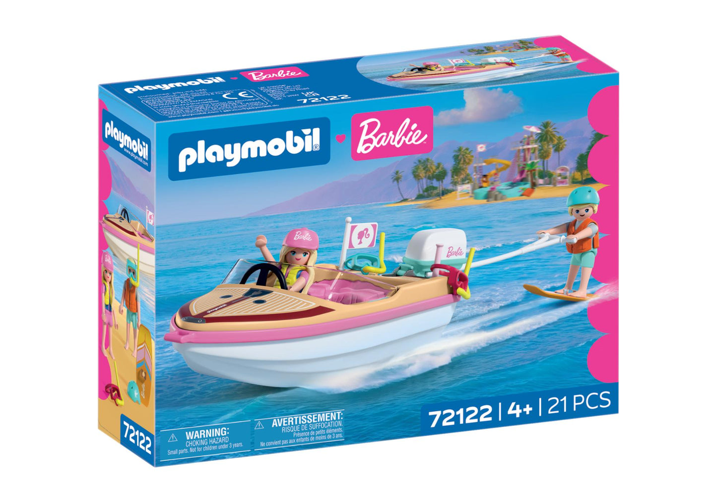 Boîte d'emballage du jeu Playmobil Barbie Bateau et Wakeboard (référence 72122), indiquant 21 pièces pour les enfants de 4 ans et plus.