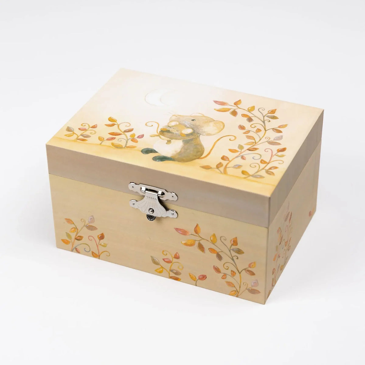 Boîte à bijoux musicale en bois fermée illustrée d'une petite souris dans des feuillages d'automne de la marque Egmont Toys.