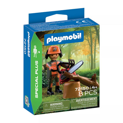 Boîte du jeu Playmobil Special Plus 72150 Bûcheron avec tronçonneuse contenant 8 pièces pour enfants dès 4 ans.