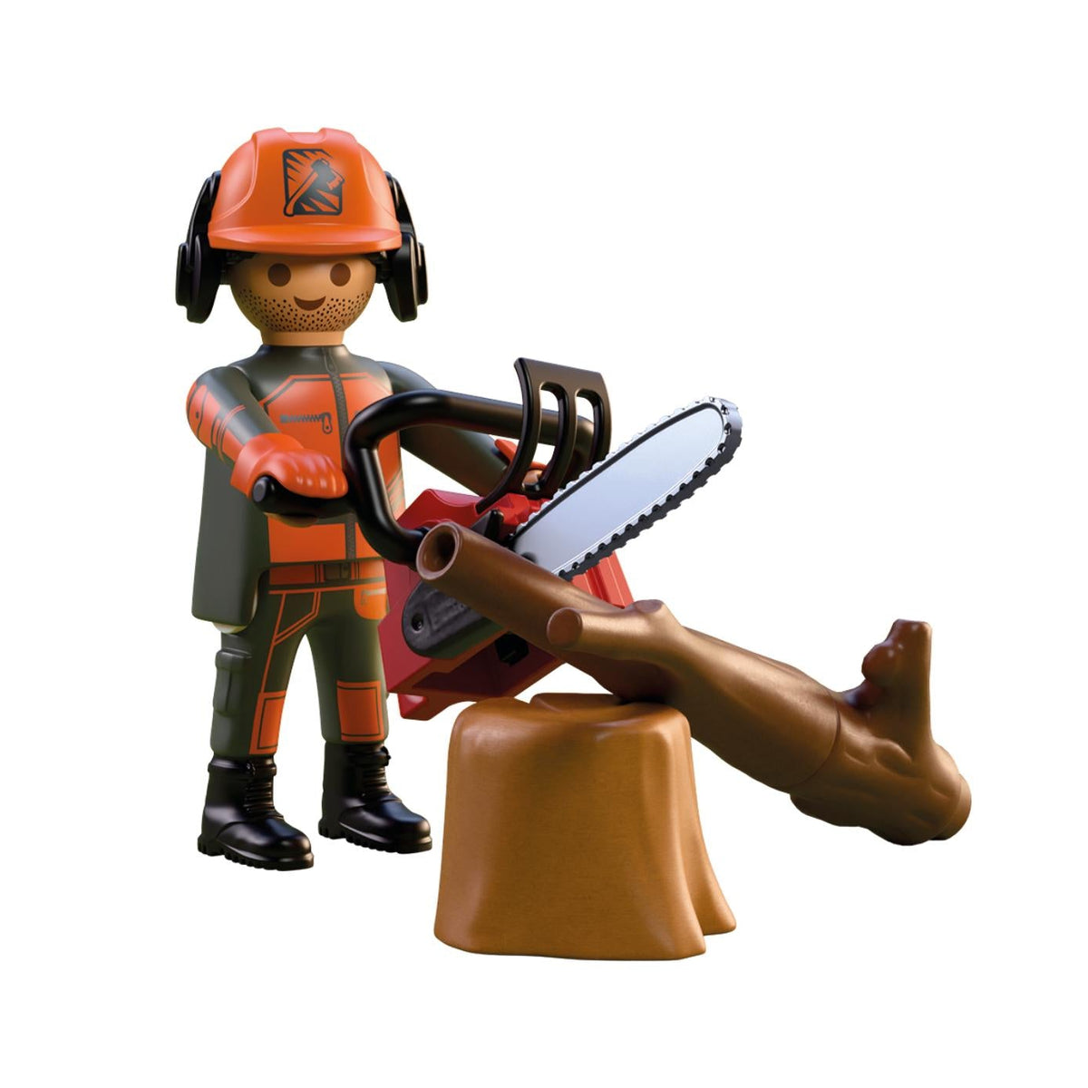 Personnage Playmobil bûcheron équipement orange et gris avec tronçonneuse et bûche sur fond blanc.