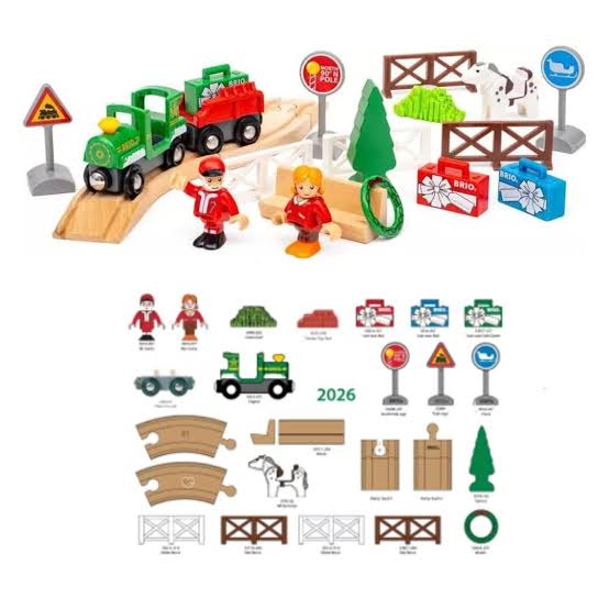 Vue d'ensemble du contenu du calendrier de l'Avent BRIO 36165 incluant rails, locomotive, wagons, figurines, animaux et panneaux.