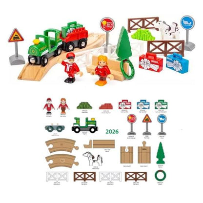 Vue d'ensemble du contenu du calendrier de l'Avent BRIO 36165 incluant rails, locomotive, wagons, figurines, animaux et panneaux.