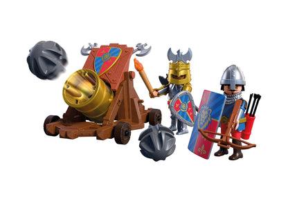 Chevaliers du Lion Playmobil Knights 72115 tirant un boulet avec le canon d'attaque.