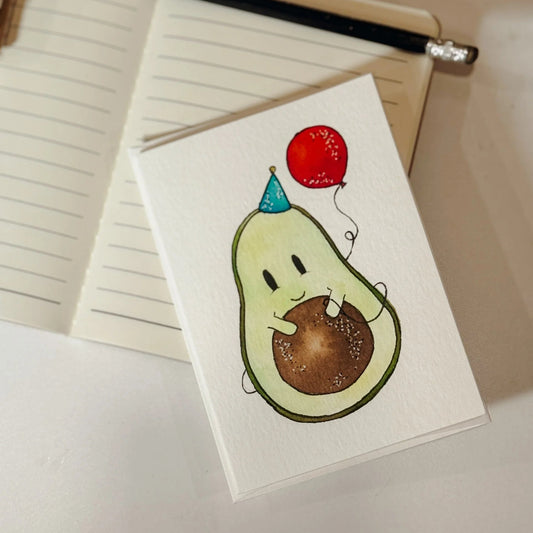carte de souhaits avec avocat et ballon aquarelle fait à la main au Québec par Heyjuue créations