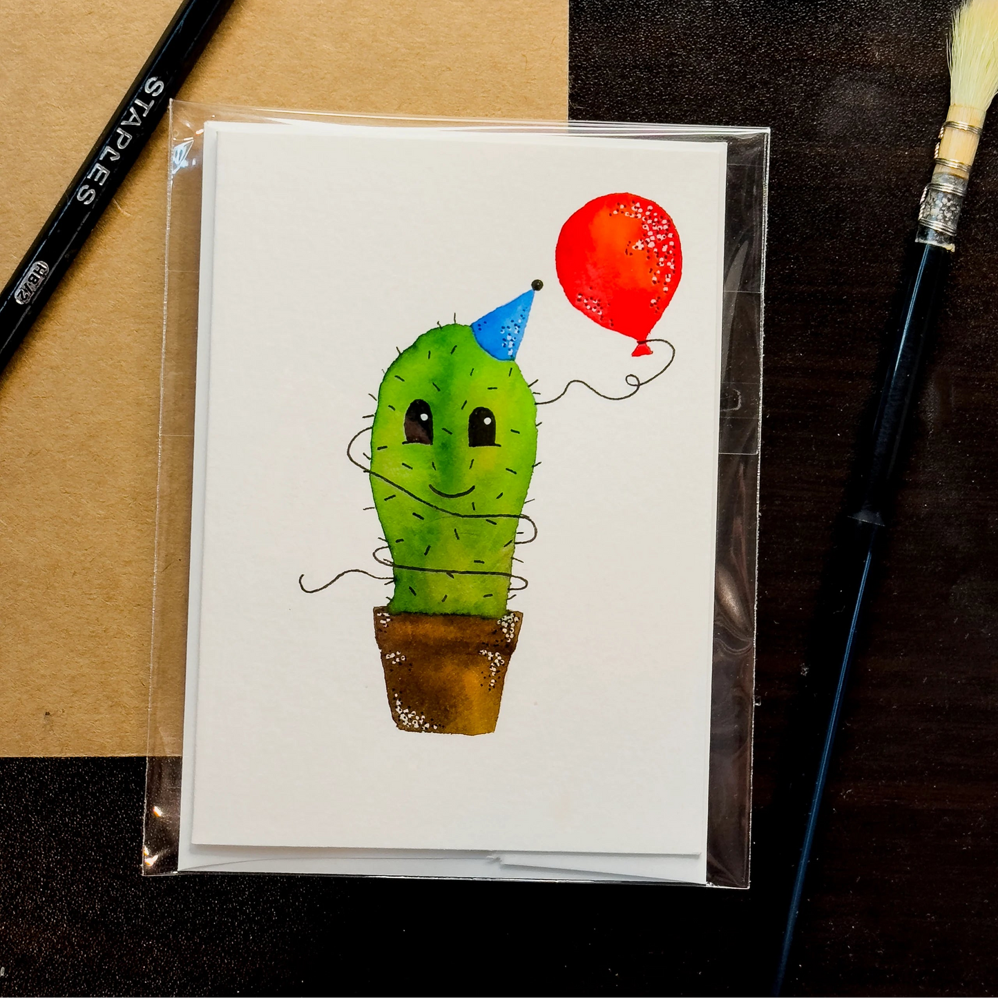 Carte de souhaits illustration cactus de fête aquarelle fait à la main au Québec par HeyJuue créations